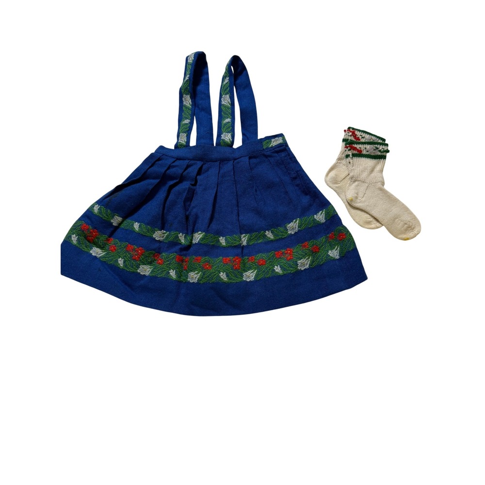 Lanz‎ Salzburg Suspender Skirt Girls 4/5 Blue Linen Embroidered w/socks Vintage
